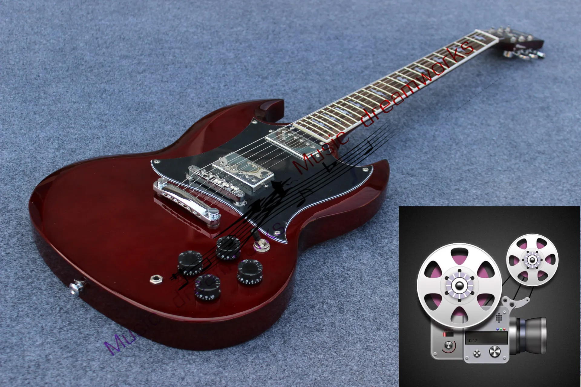 Burgundy G-400 Hochwertige SG-E-Gitarre, Nichrome-Hardware, großer Pickup-Schutz, auf Lager, schneller Versand