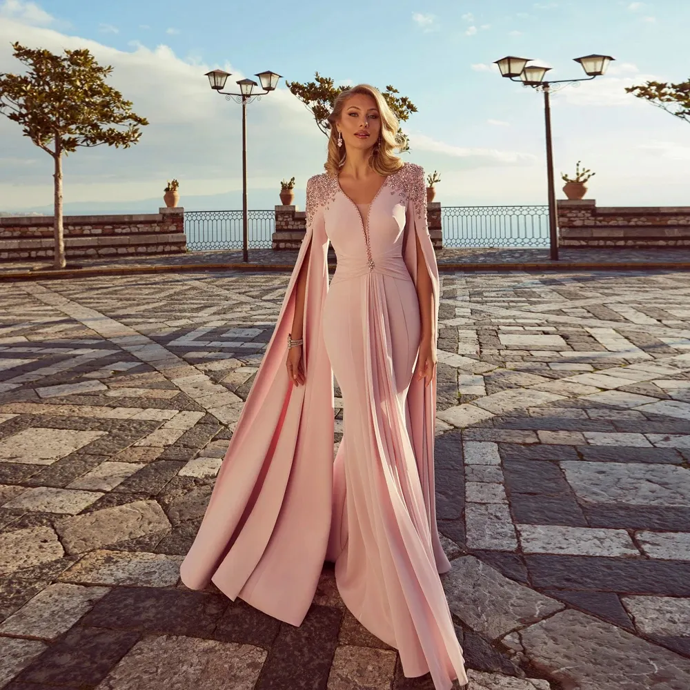 Mother Of The Bride Dress - Elegant Long Puffy Sleeves Gown With Cape, A-Line Beaded Lace Formal Wedding Dress - View #3