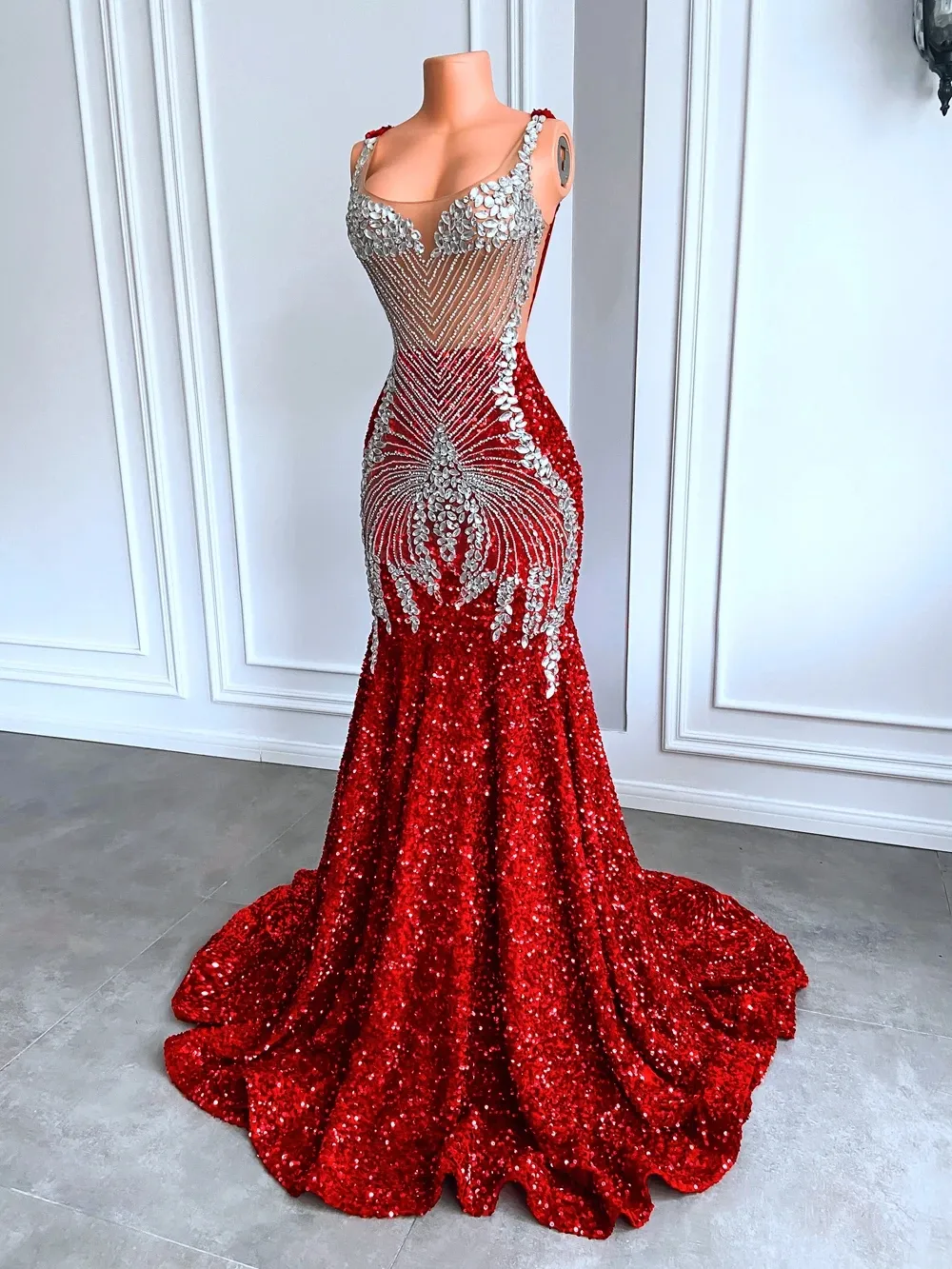 red mermaid trumpet dress Red Evening Dresses Sparkly Trumpet/Mermaid Spaghetti Straps Lace Sequins Long Prom Dress