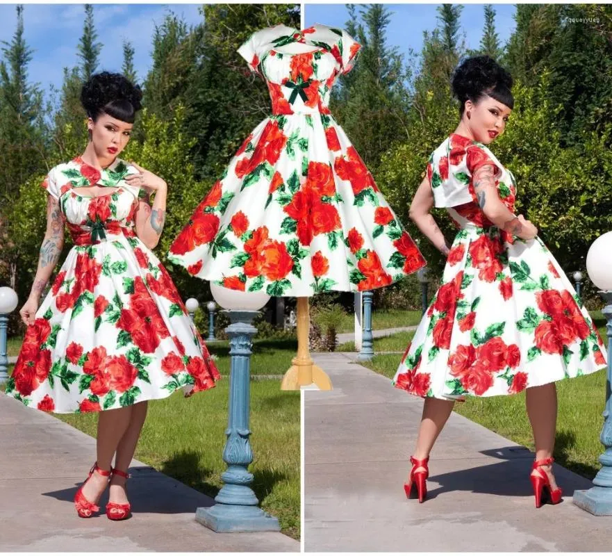 Robes de soirée femmes Vintage 50 s robe rétro Rose imprimé fleuri Pinup Midi Rockabilly Swing coton Roupas robes