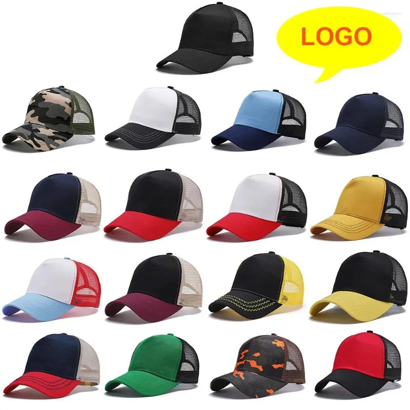 Bollmössor Anpassad logotyp Basst Solid Color Mesh Baseble Baseball Cap Summer Sunshade 5 Panels Truck Driver Wholesale