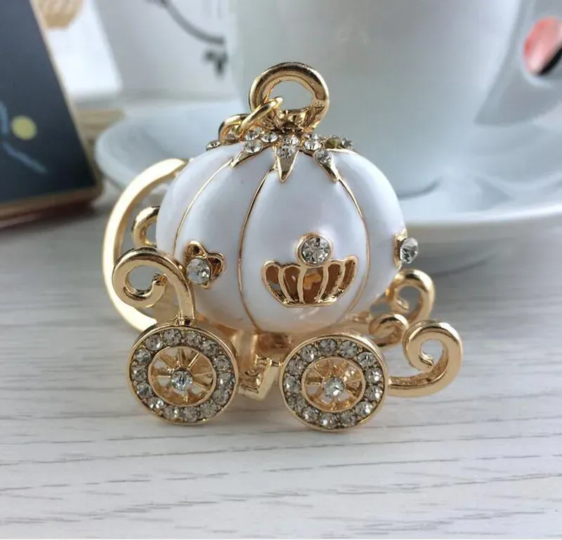 Lovely Pumpkin Carriage Crystal Pendant Charm Purse Handbag Car Keyring Keychain Party Birthday Gift Pink White Colors ZA2959