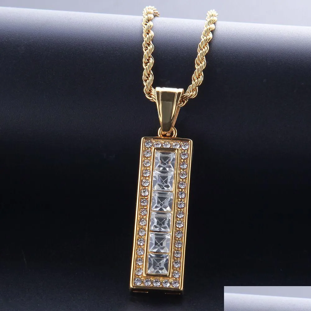 Pendant Necklaces Gold Rec Stick Necklace Hip Hop Bling Fl Diamond Square Charm Twist Chain Rhinestone Jewelry Gifts For Men And Wom Dhgrh