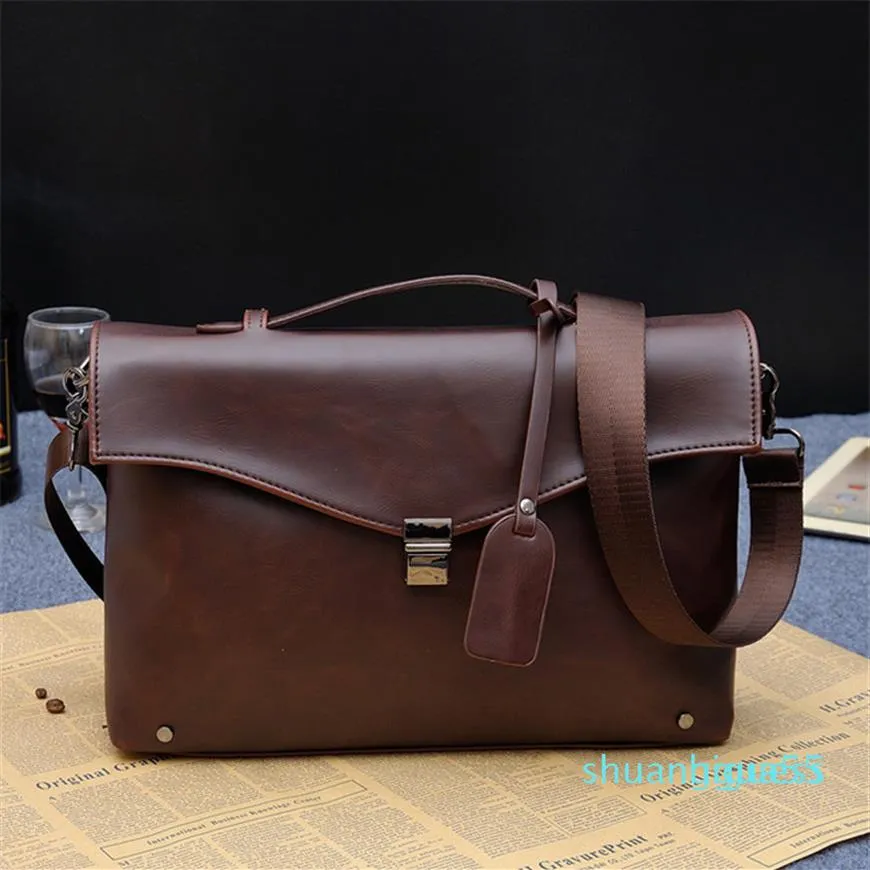 Designer- Men's Leather Shoulder Messenger Bags Business Work Bag Laptop Briefcase Handbag Color Black Coffee 256V