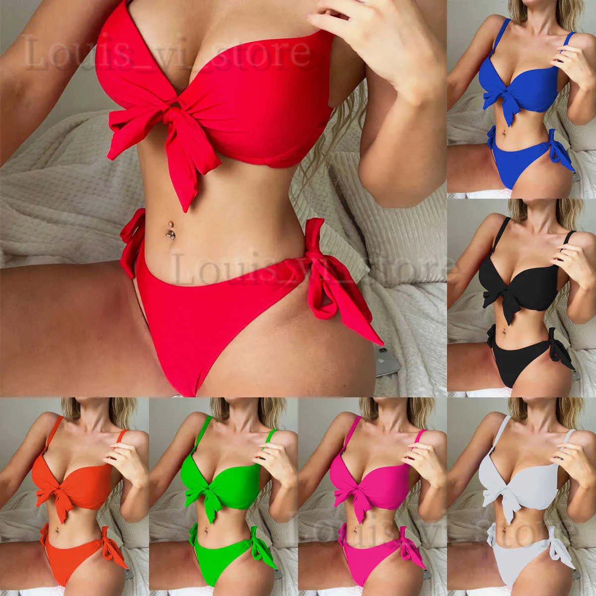 女性の水着Chan Shuang New Bikini Solid Color Backless Swimsuit Womens Knotted Swimsuit Sexy Bikini6376 T240222