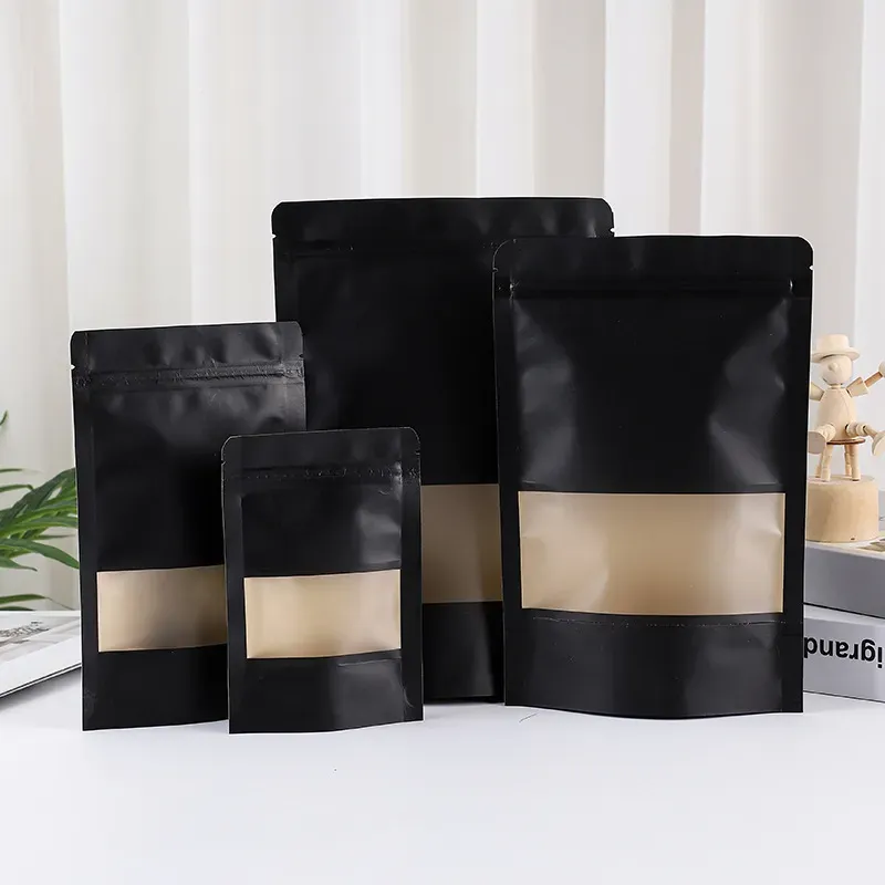 Stand up Black Paper Frosted Window Self seal Bag Resealable Snack Biscuit Coffee Gifts Heat Sealing Packaging Pouches LX5031