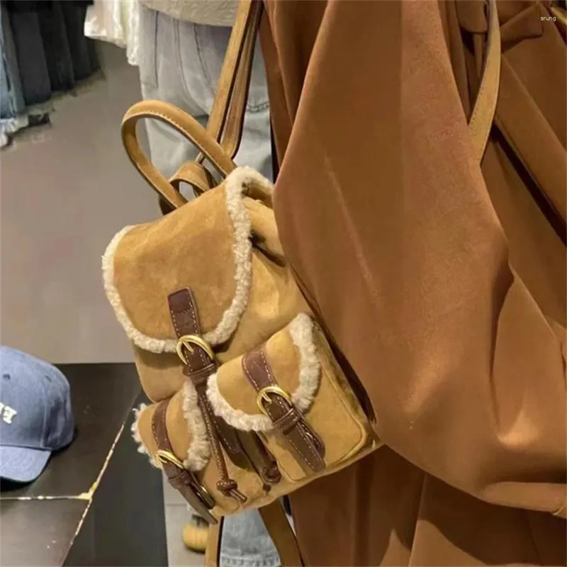 Backpack Retro Lamb Plush Maillard Color Women's Bag Autumn/Winter Fashion Versatile Designer Handbag For Girls Shoulder