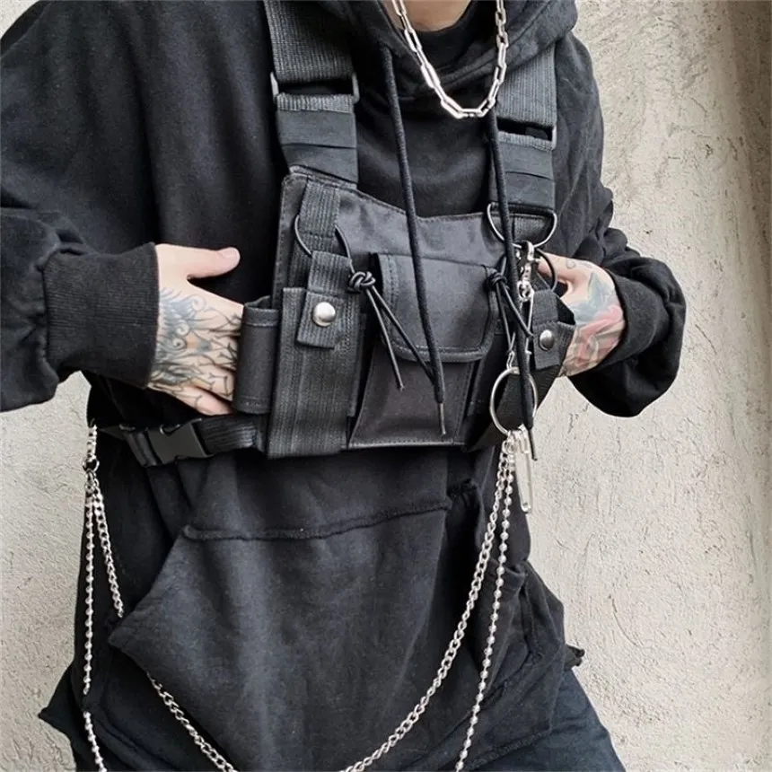 Functioneel Tactisch Borst Rig Tas Voor Unisex Fashion Bullet Hip Hop Vest Streetwear Heuptas Dames Zwart YB415 220218292V