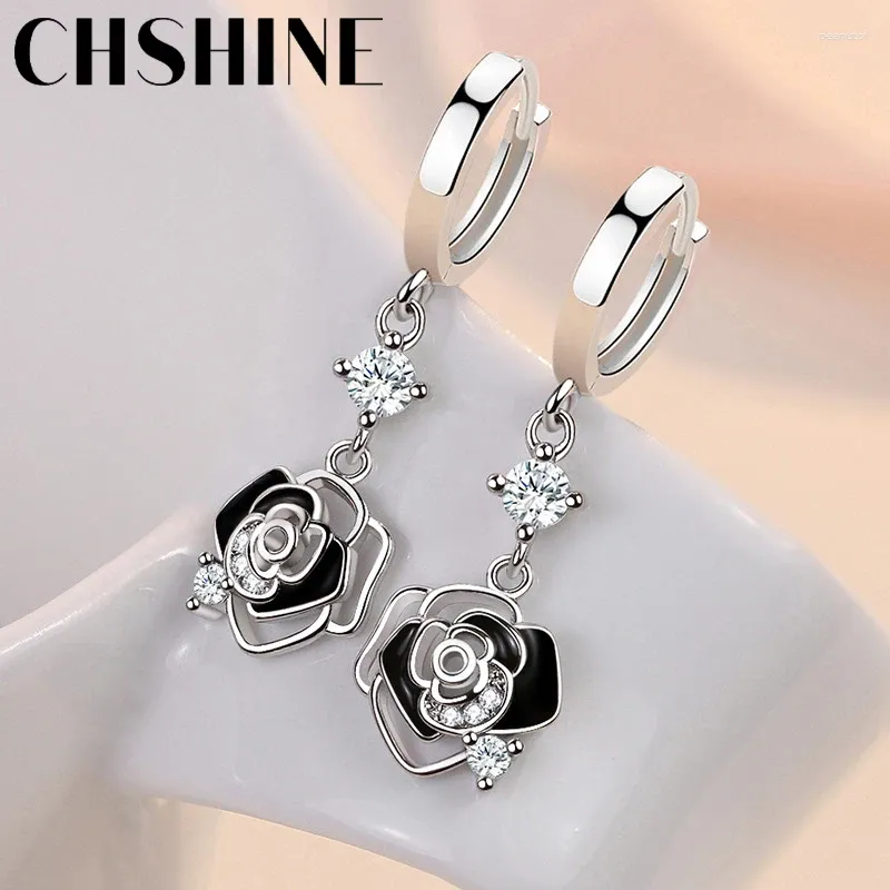 Dangle Earrings Chshine 925 Sterling Silver Black Rose Flower for Women Wedding Gifts Massion Jewelry