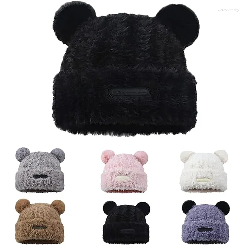 Bérets mignon peluche ours oreille bonnet chapeau pour les femmes doux pour la peau en peluche chaude laine hiver fausse fourrure animal bonnet tricoté