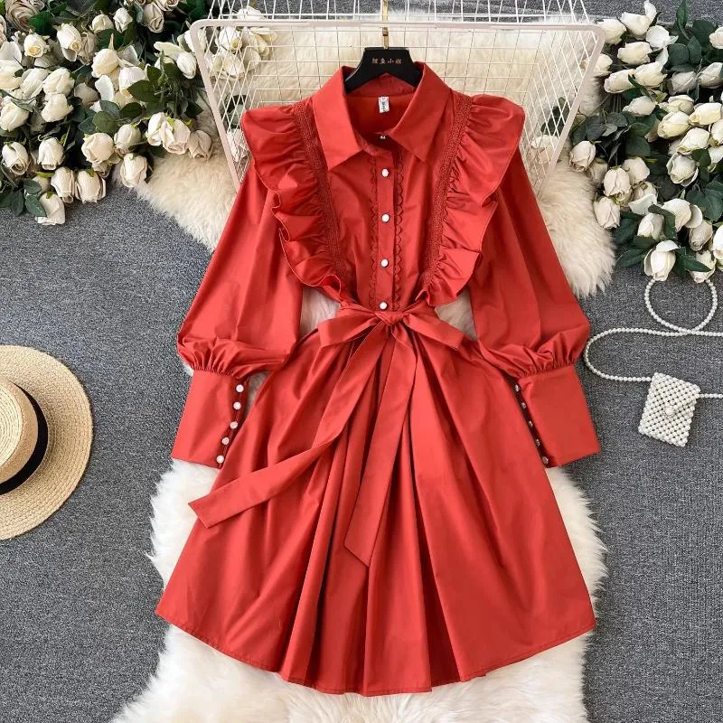 Vestidos casuais elegante emendado babados vestido para mulheres lapela lanterna manga cintura alta retalhos cinto dobras estilo feminino sólido 5098