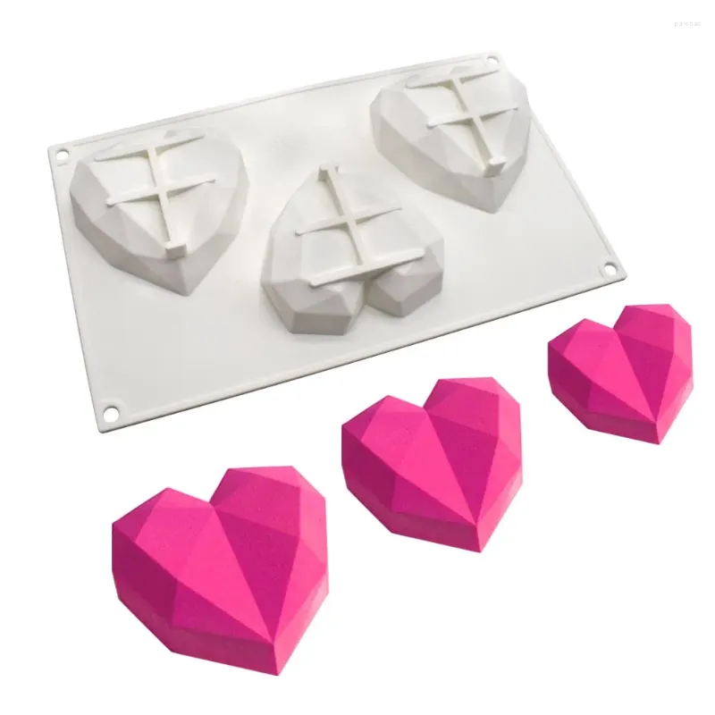 Moldes de cozimento 3 buracos 4 polegadas diamante coração silicone mousse bolo molde de gelo diy artesanato sabão ferramenta de decoração acessórios