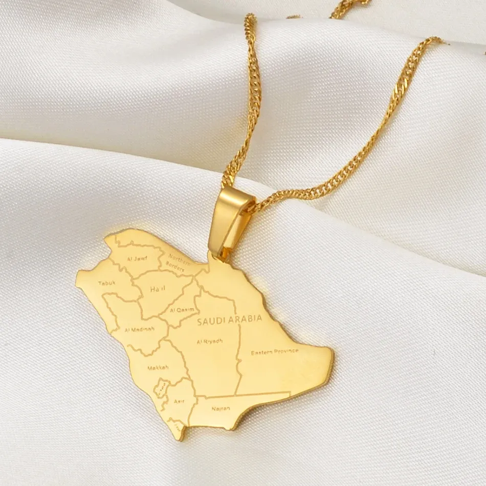 Saudi Arabia Map With Cities Name 14k Yellow Gold Pendant Necklaces Charm Saudi Jewelry for Gold/Silver Color
