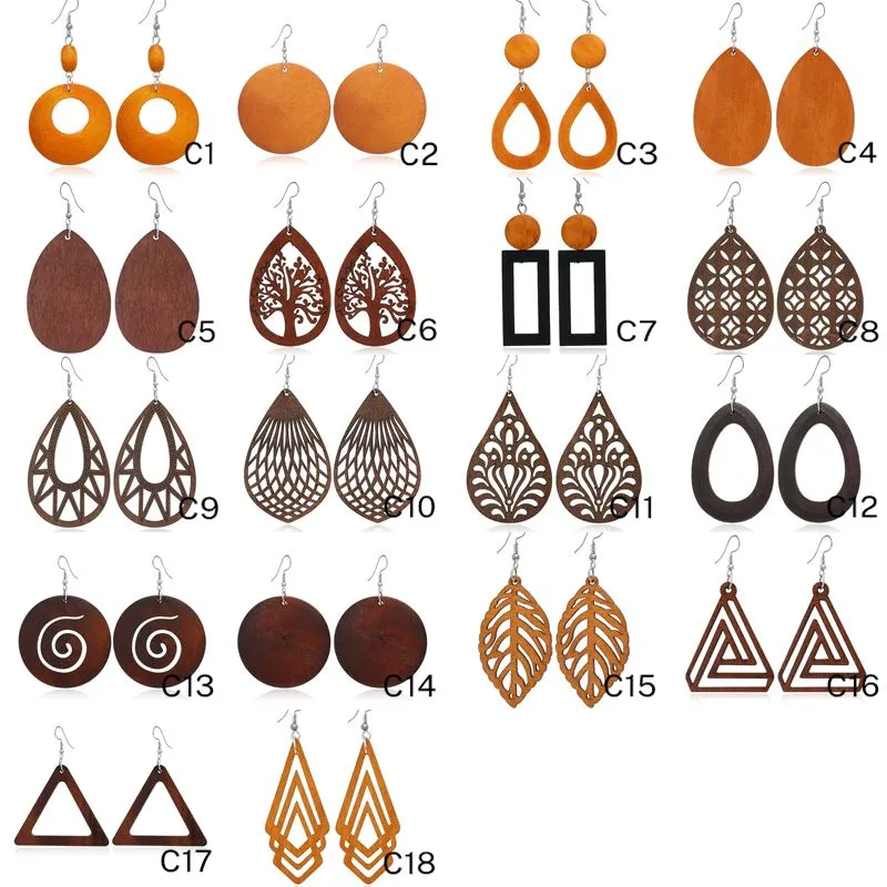빈티지 나무 귀걸이 유행 과장된 귀걸이 드롭 기하학적 중공 나무 수양 샹들리에 도매