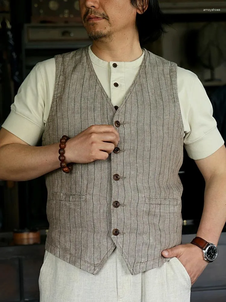 Herenjassen Amekaji Wear-kleding Vintage linnen gestreept slim fit vest Zomer Business Casual Goede kwaliteit