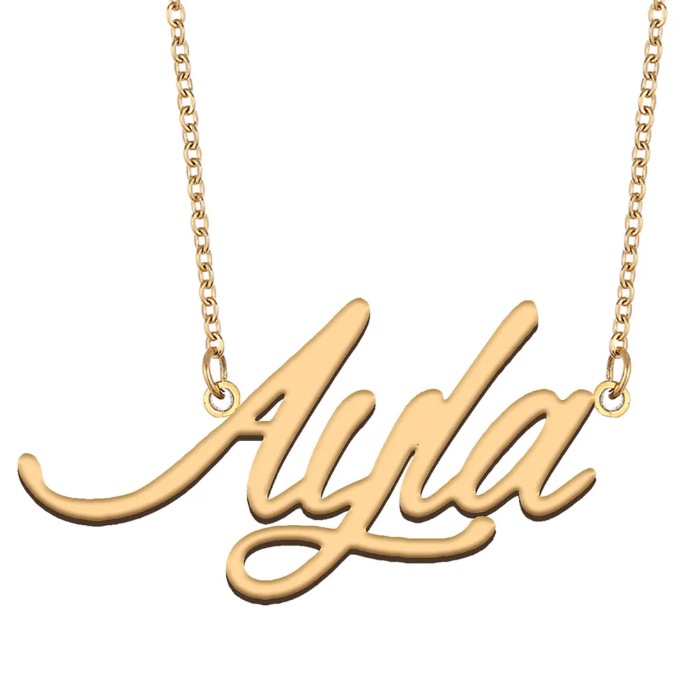 Ayla namn halsband personlig anpassad guld typskylt hänge för kvinnor flickor födelsedag gåva barn bästa vänner smycken 18k guld pläterat rostfritt stål