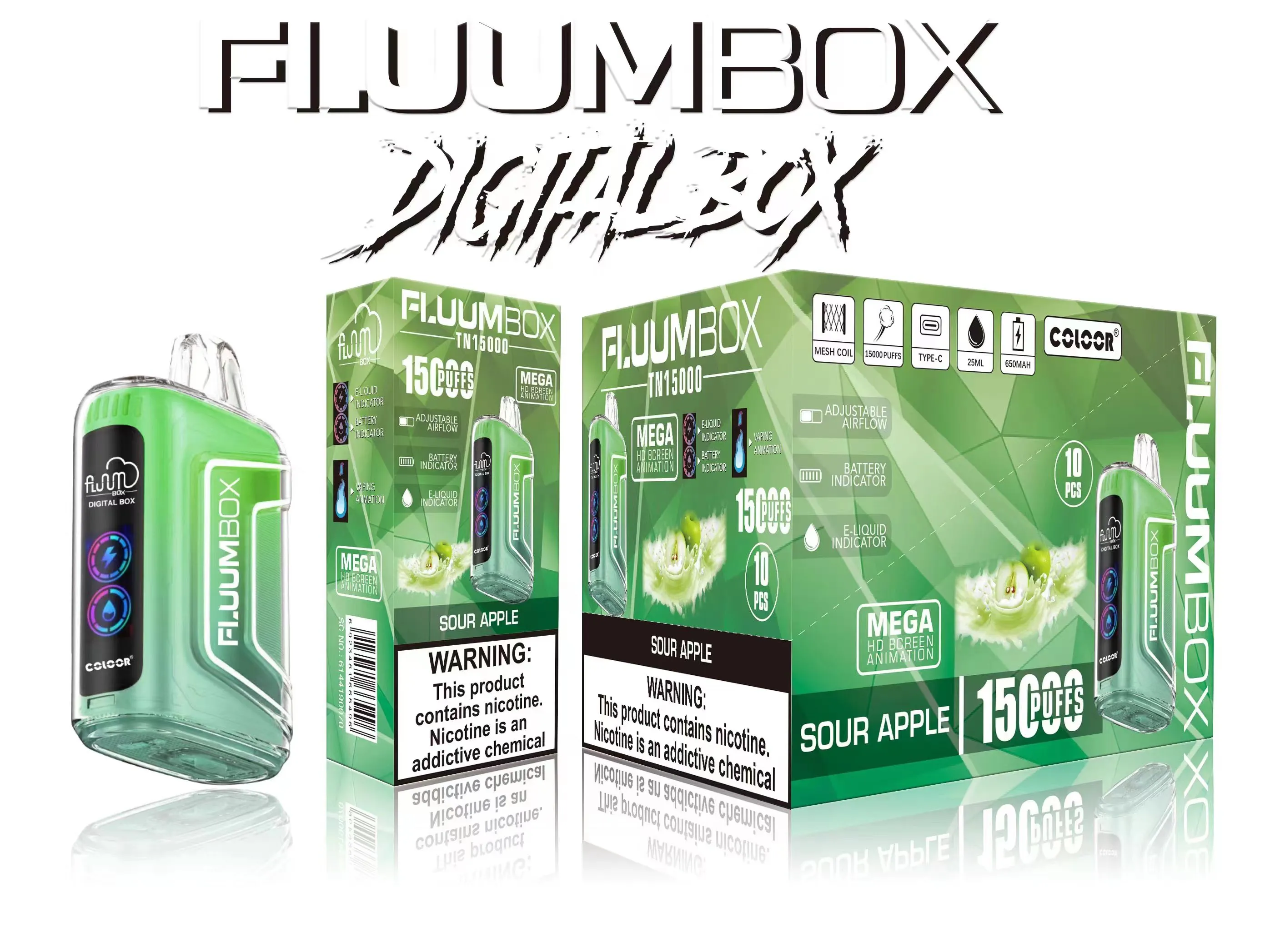 Fluum Box 15000 puff 15k puff Digital box 15000 Disposable E Cigarettes Vape Pen 25ml Pre-Filled Mesh Coil Pods Cartridge 650Mah Rechargeable Battery