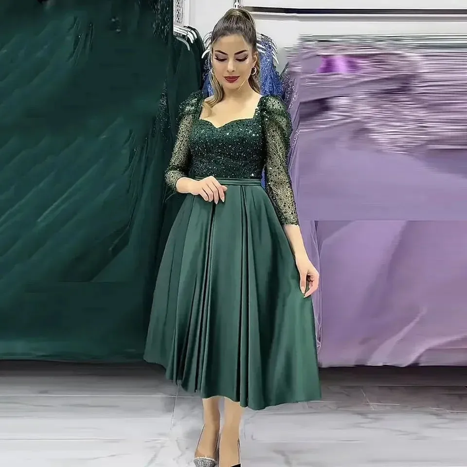 Dark Green Satin Evening Gown Long Sleeve Sequined A-Line Tea-Length Formal  Prom Dress from Dhgate Evening Dresses - price 88.45