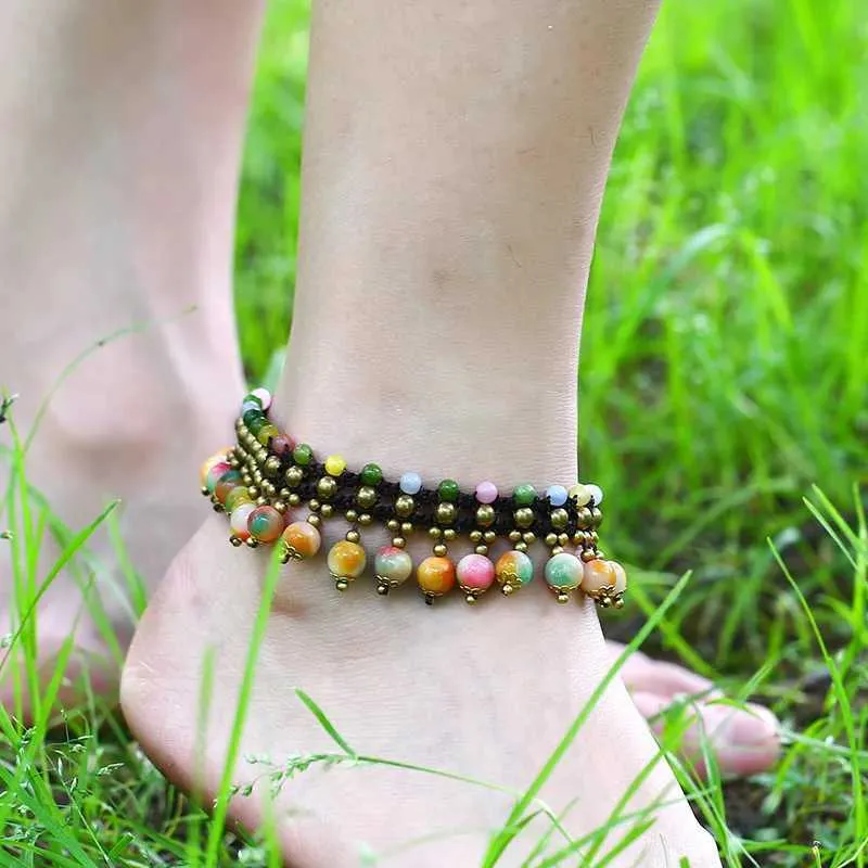 Anklets Bohemian Semi-precious Stones Anklet Water Drop Foot Chains Handknit Ethnic Style Beach Catwalk Turquoise Feet Jewelry For Women zln240223