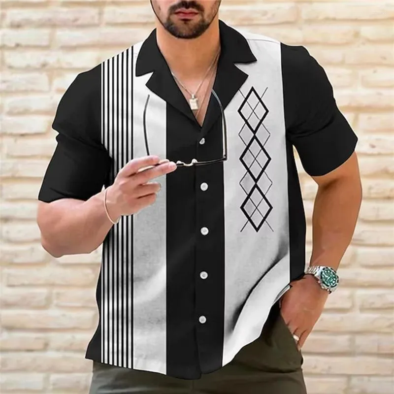 القمصان غير الرسمية للرجال رجالي قميص البولينج قميص قميص مخطط قصير الأكمام لأسفل قمم الشاطئ.