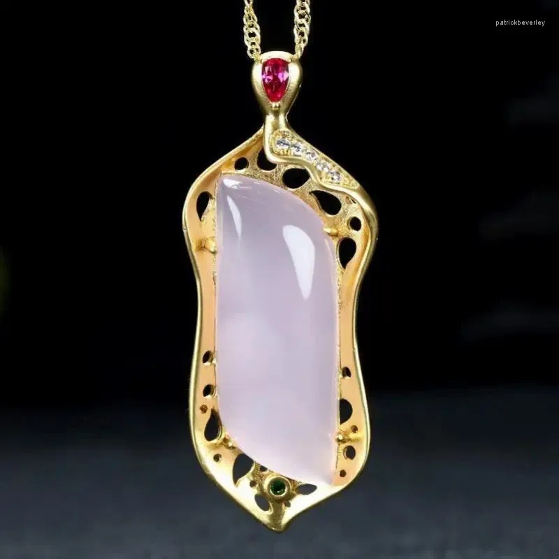 Pendants Natural Pink Jade Leaf Pendant With Zircon Ruby Emerald Leaves Charm 24k Gold Plated Copper Jadeite Necklace Women Lucky Amulet