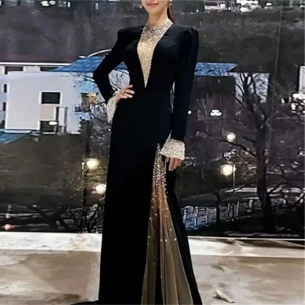 Czarne sukienki wieczorowe 2024 Blask długie rękawy brokat o dekolt Velor syrena damska formalne suknie balowe szatę de soiree