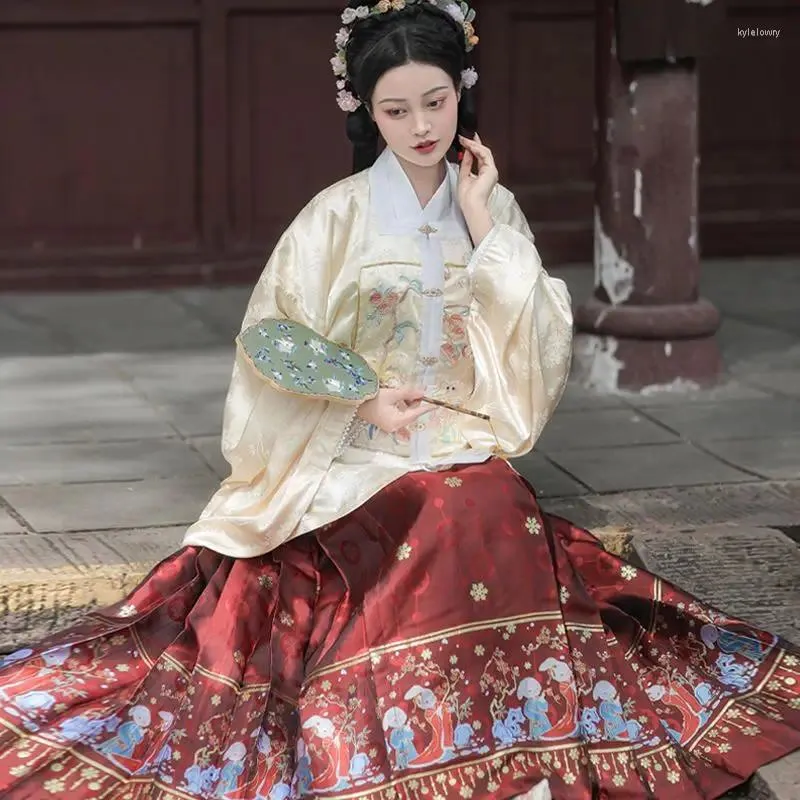 Etnische kleding Ming Hanfu vierkante kraag voorkant vest jurk geborduurd groot formaat brokaat goud make-up bloem paard gezicht lente Chinese top