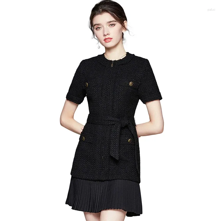 Party Dresses European Station Spring And Autumn Tweed Style Vintage Round Neck Solid Belt Zipper Slim Fit Knitted Dress For Women