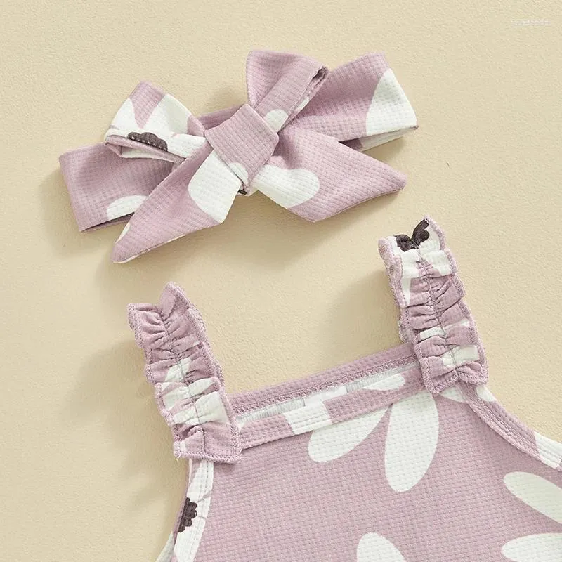 Kledingsets Kupretty babymeisje zomerkleding wafelgebreide bloemen mouwloze riem romper shorts hoofdband babyset