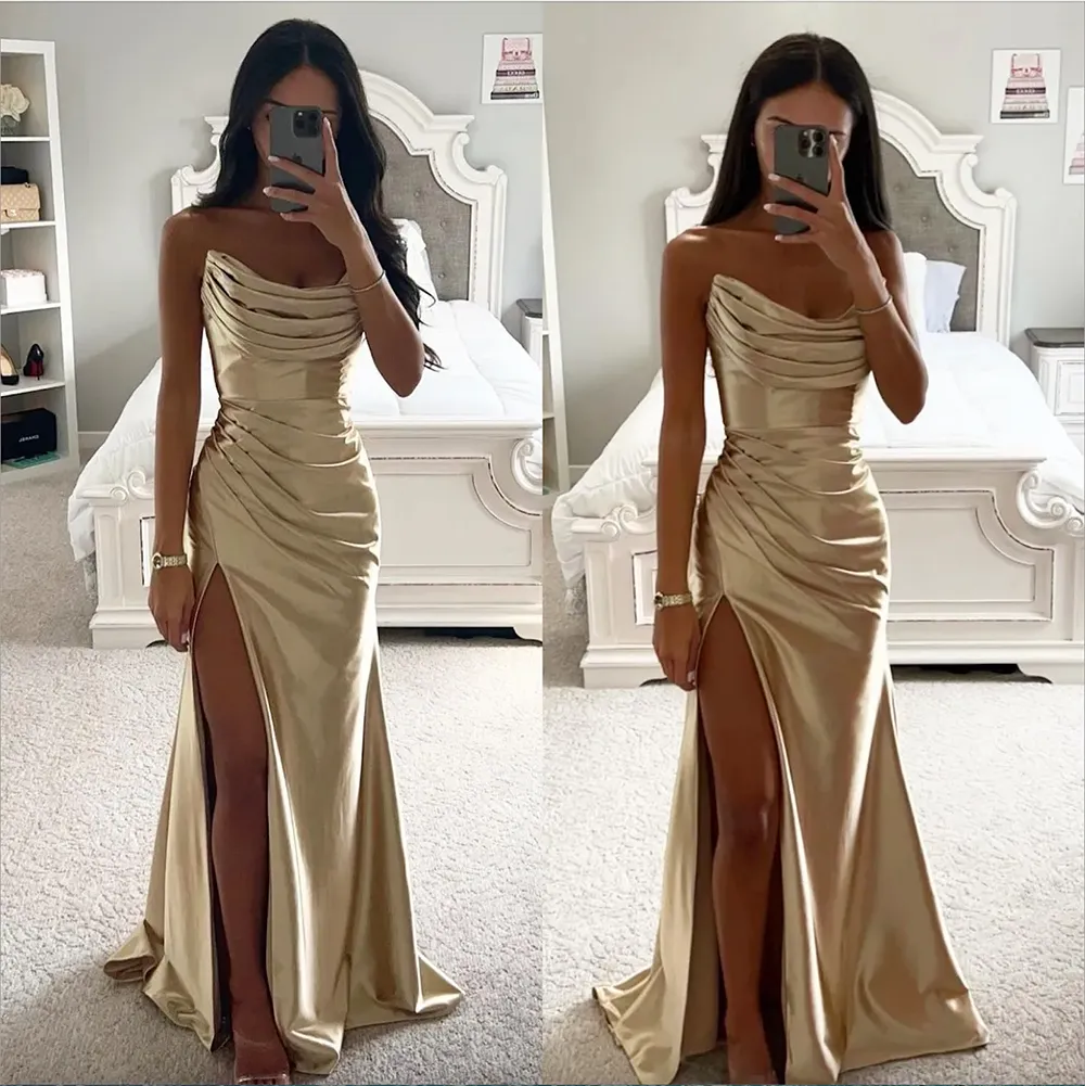 Fashion Champagne Gold Prom Dresses Strapless Evening Gowns Pleats Sheath Split Formal Red Carpet Long Special Ocn Party Dress