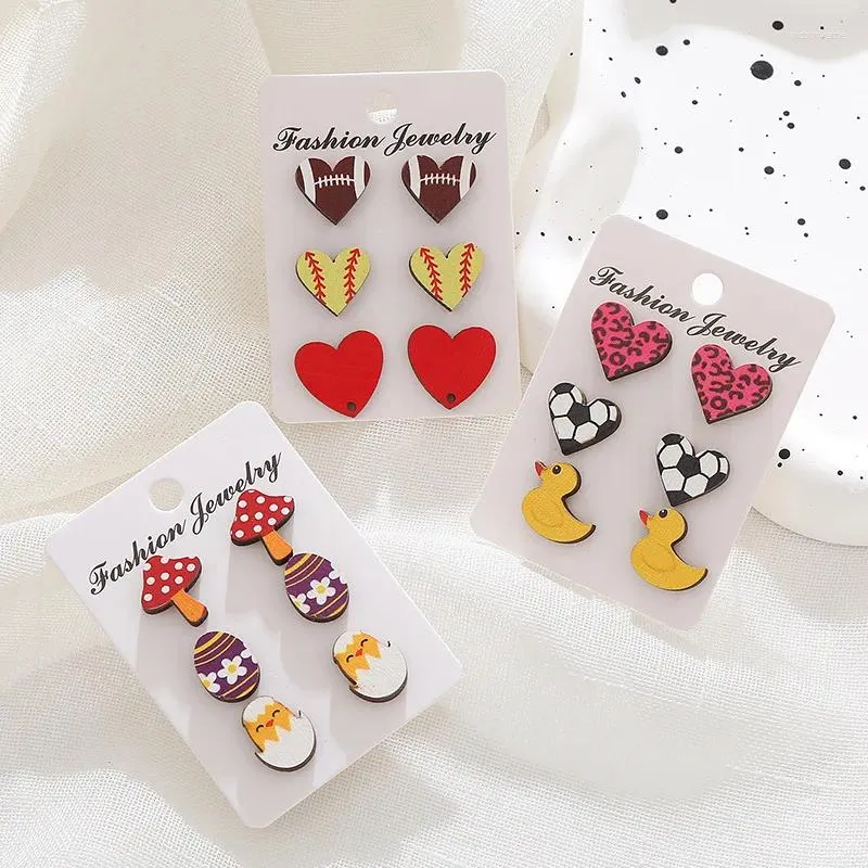 Stud Earrings Irish Easter Egg Cartoon Cute Mushroom Love Wooden Earring Set