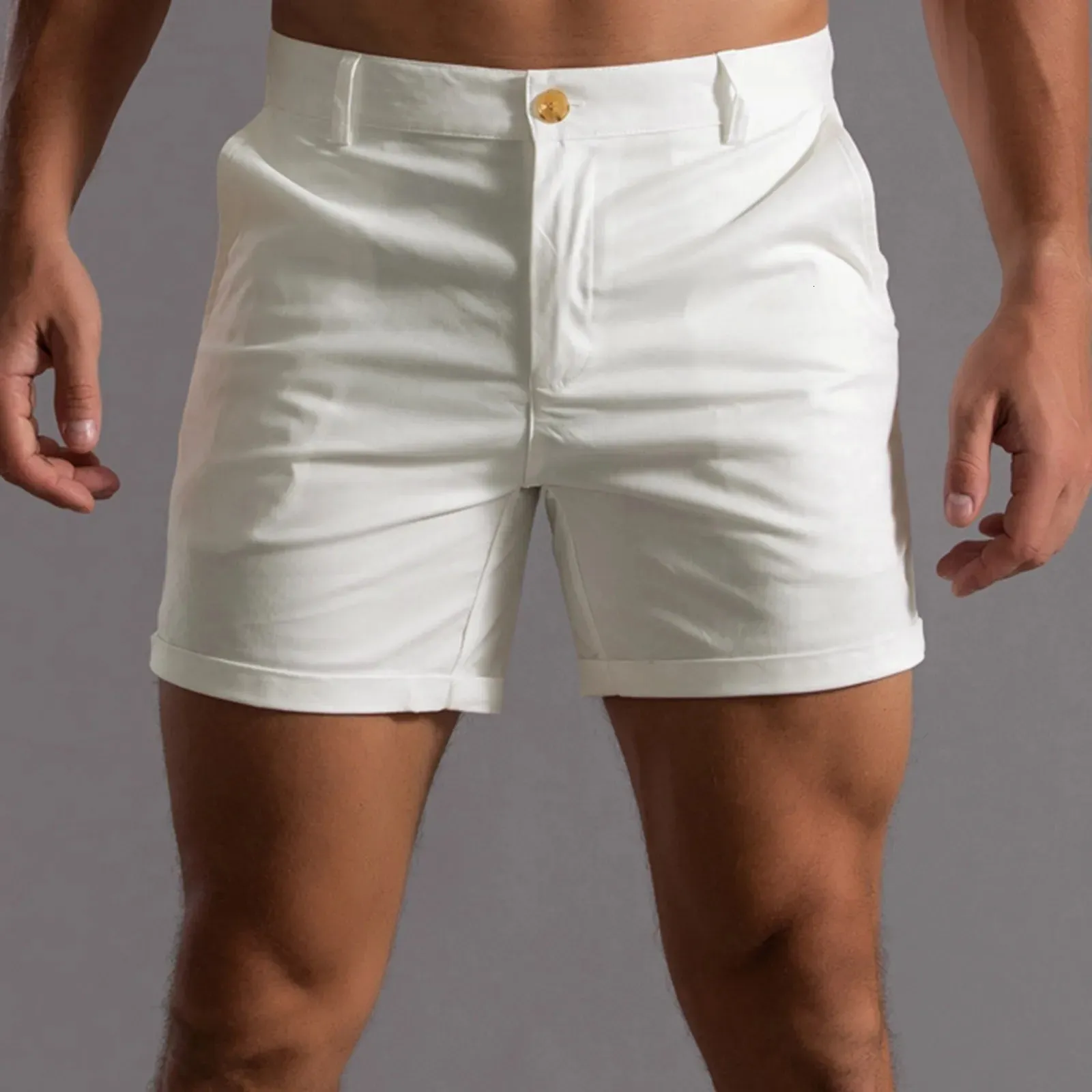 Cotton white shorts with thin button dry summer solid color fashionable mens shorts vacation set Pantalones Cortos new 240223