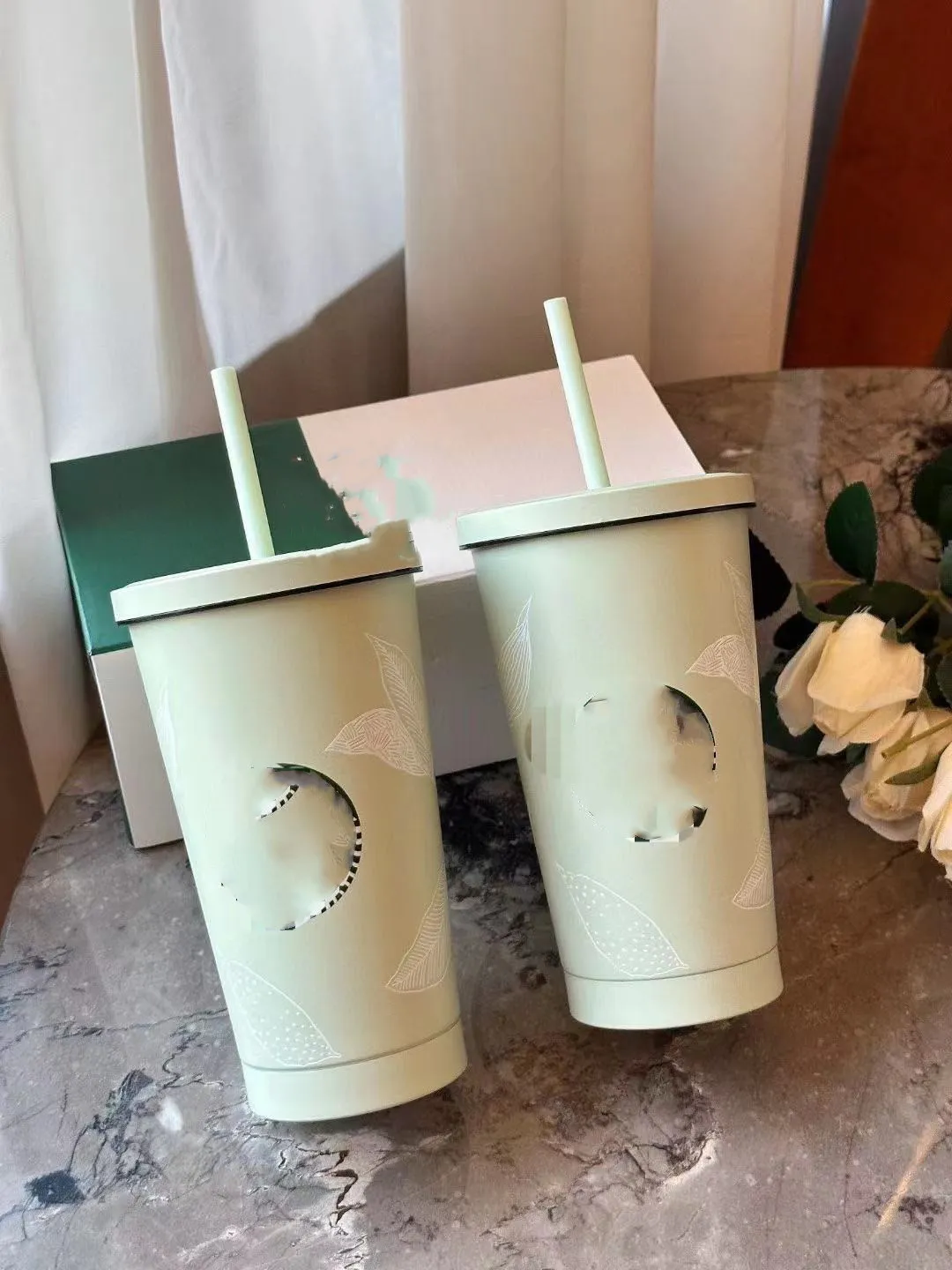 Tasse à vide vert menthe supérieure, même verre, tasses à paille en acier inoxydable, grande capacité