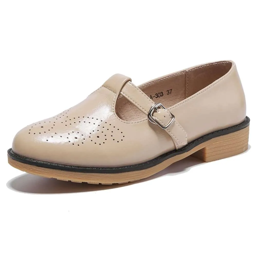 Mary Leather Oxford TRULAND Women's Jane Shoes - One Step T-strap Loafers Casual Closed Toe Formal Flat Shoes, Suitable for Office Work 796 Tstrap , b