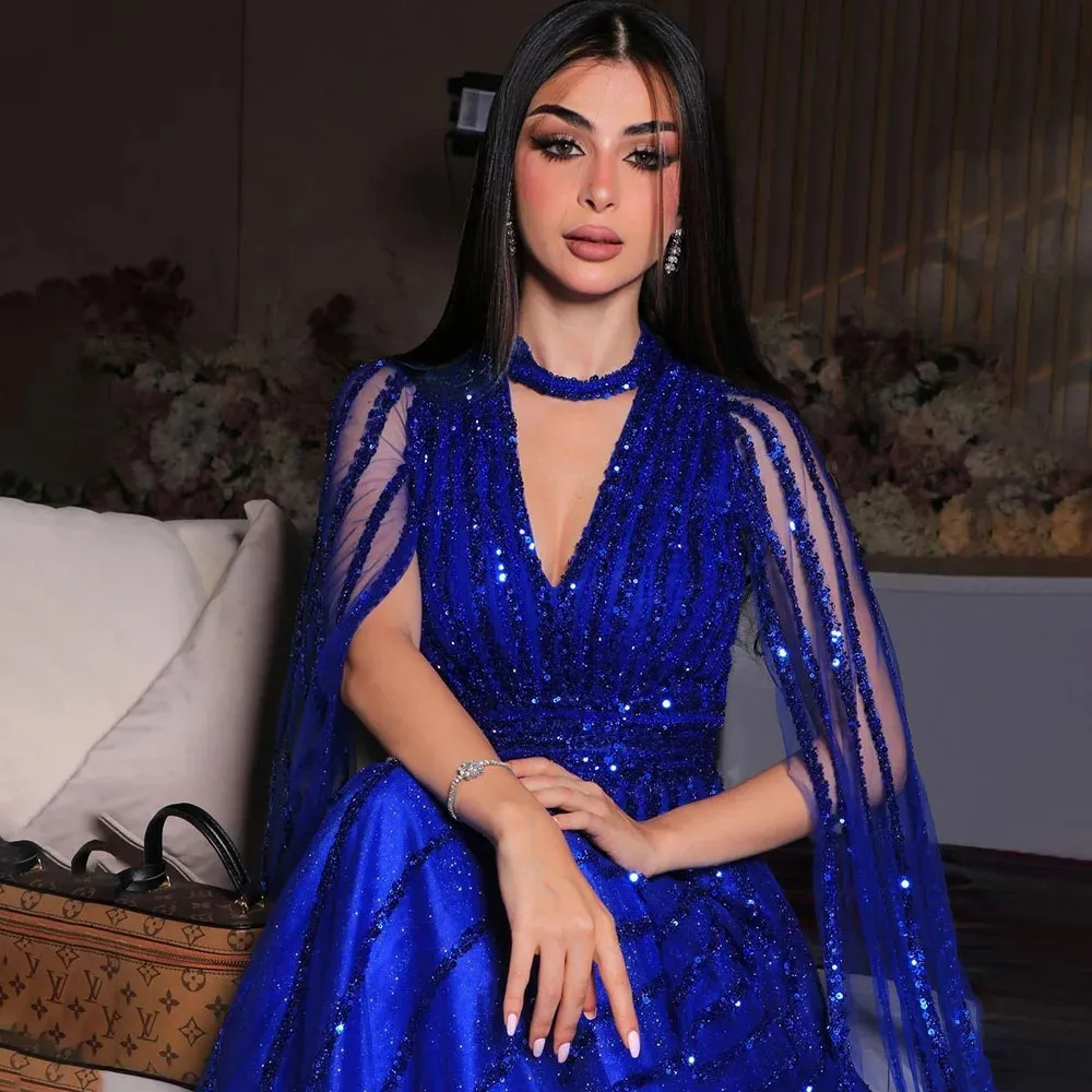 Navy Blue Sequined Evening Dress with Cape Sleeves Floor-Length A-Line Formal  Gown from Dhgate Evening Dresses - price 289.45