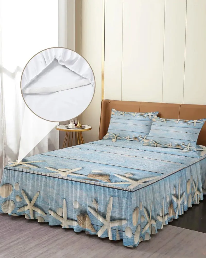 Saia de cama praia estrela do mar azul textura de madeira elástica colcha com fronhas capa de colchão conjunto de cama lençol