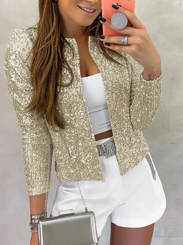 Womens Top Unique Party Jacket Långärmad fast färg Brasiliansk stil Daglig glitterjacka 240219