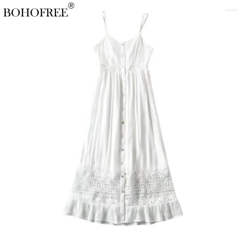 Robes décontractées Vintage Chic Blanc Col V Bretelles Rayonne Coton Robes Plage Style Floral Dentelle Robe Bohème Boutonné