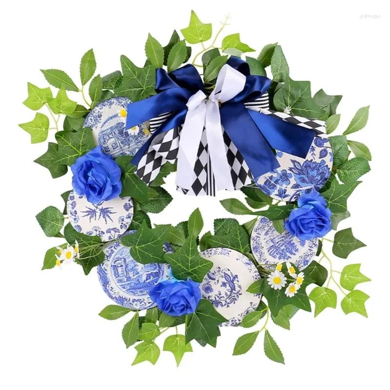 Decorative Flowers Blue And White Wreath With Porcelain Plate Handmade Christmas Door Entry