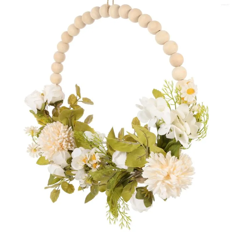 Decorative Flowers Garland Faux Wood Bead Wreath Easter Decor For Wall Hanging Prop Wedding Wooden Rose Farmhouse Pendant White Door Flower