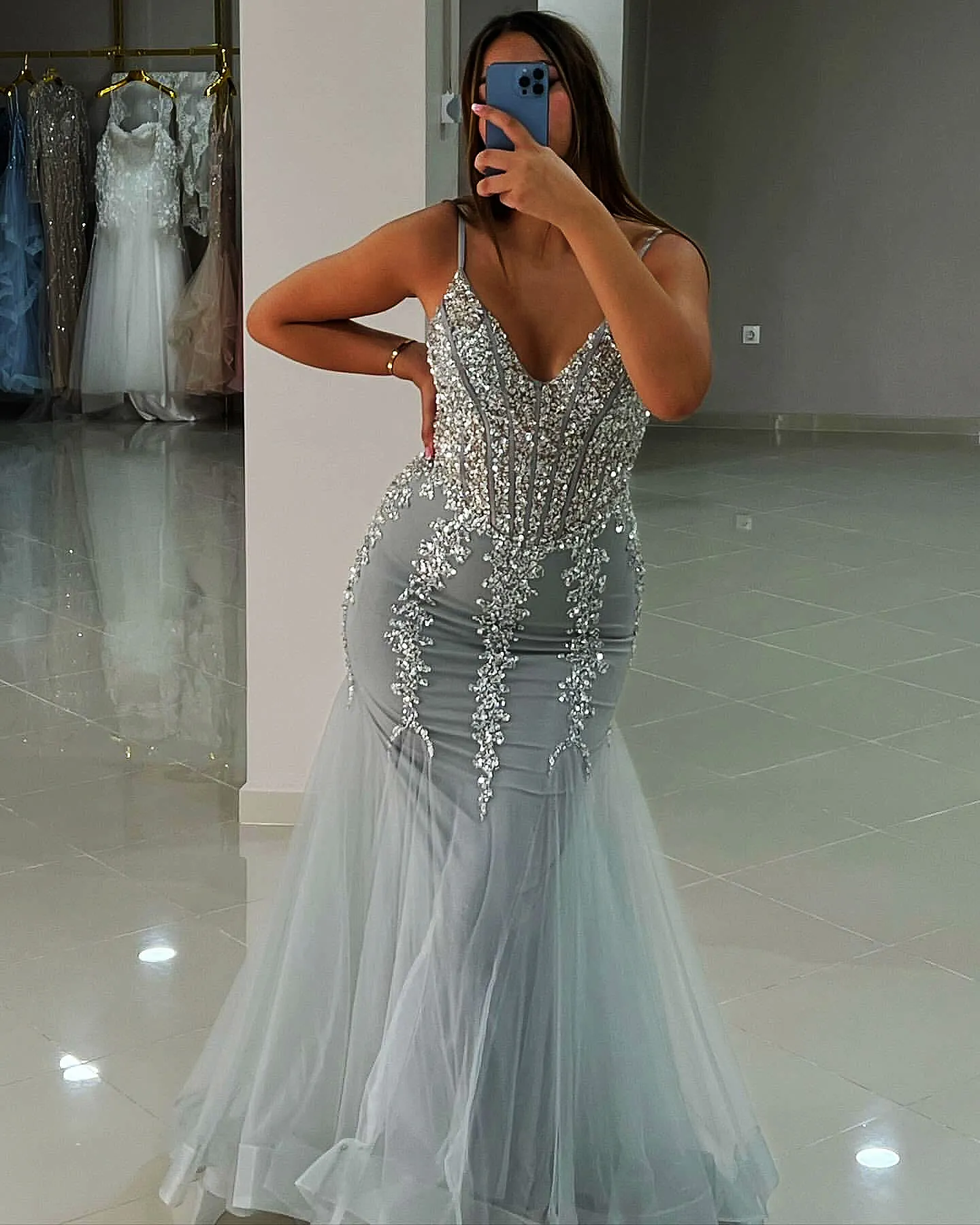 2024 Aso Ebi Argento Sirena Abito da ballo Paillettes Perline Serata formale Festa Secondo ricevimento 50esimo compleanno Abiti di fidanzamento Abiti Robe De Soiree ZJ71