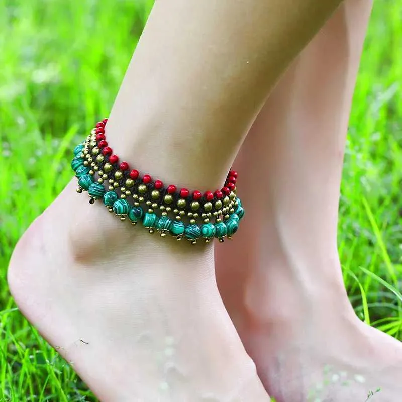 Anklets Bohemian Semi-precious Stones Anklet Water Drop Foot Chains Handknit Ethnic Style Beach Catwalk Turquoise Feet Jewelry For Women zln240223