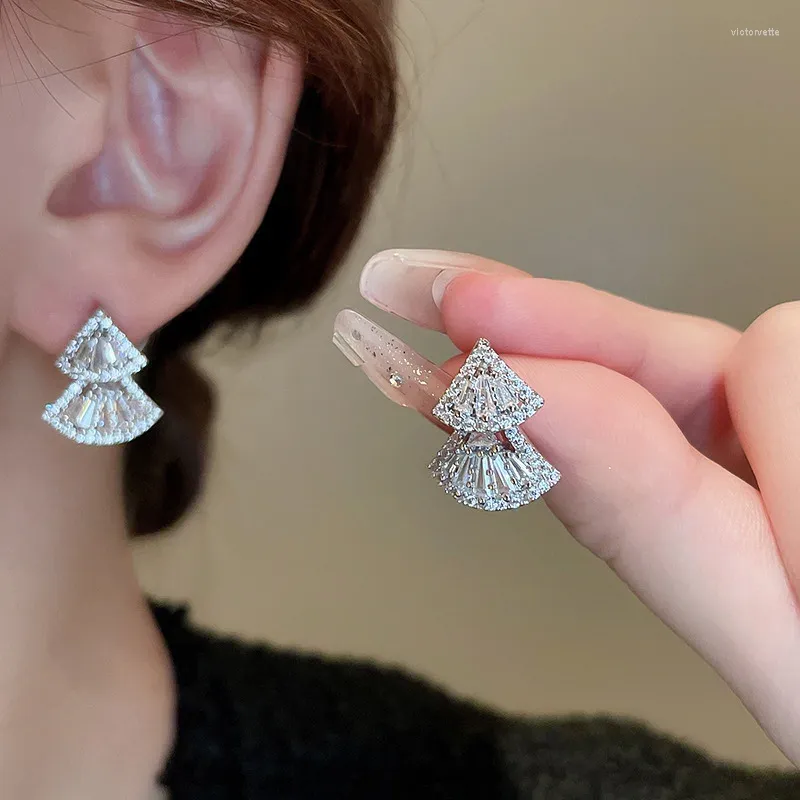 Stud Earrings Korea Fashion Zircon Triangle Fan Shaped For Women Minimalist Light Luxury Jewelry