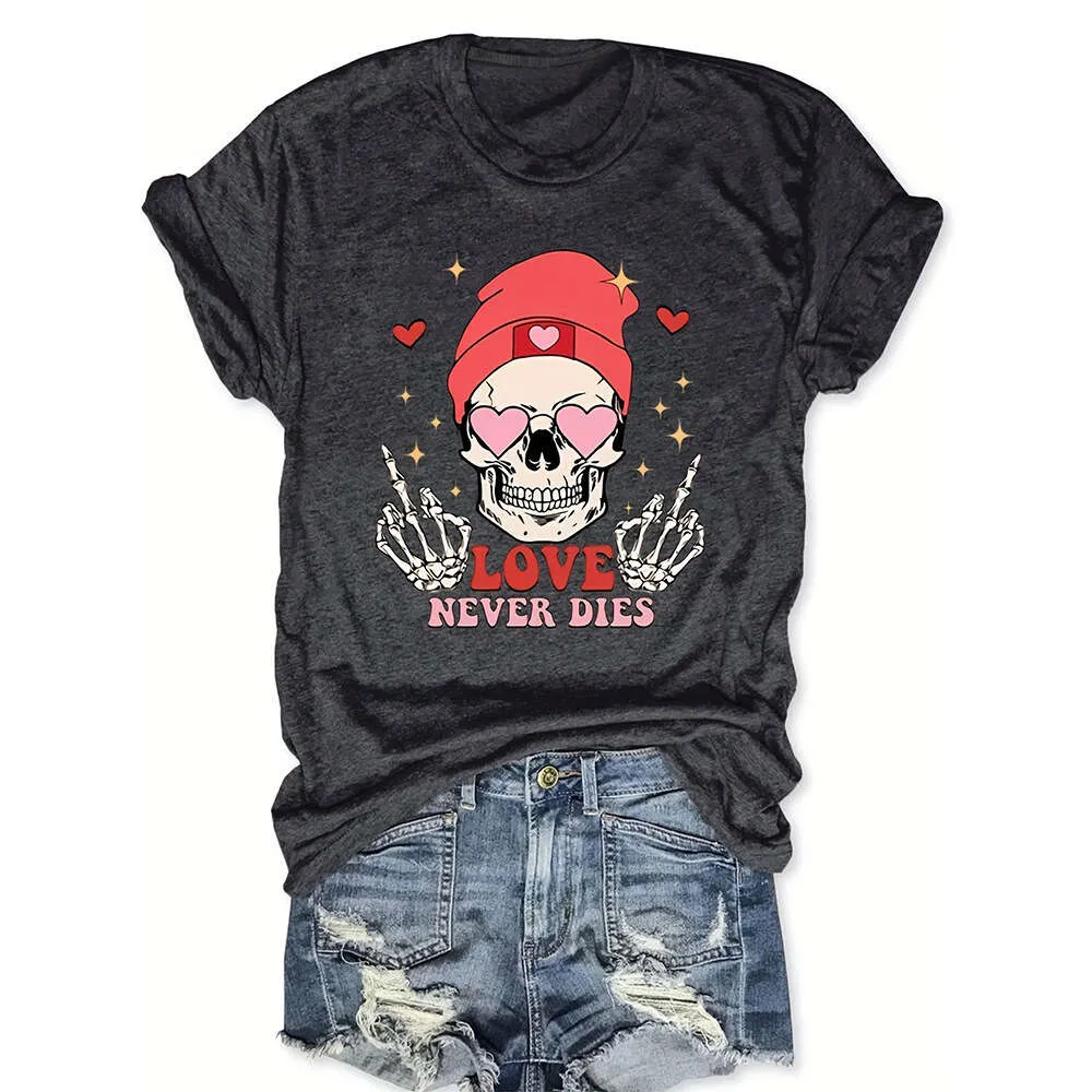 Crânio feminino amor dia dos namorados casual solto em torno do pescoço manga curta camiseta topo