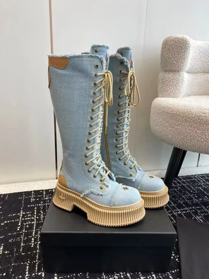 Knee High Light Blue Combat Boots Womens Knee-High Martin Boots