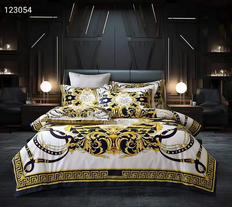 TOP QUAILTY 100s 5pcsGOLD Wit Goud Koningin Koning Designer Beddengoed Sets 100% katoen geweven Europese stijl Dekbedovertrek Kussenslopen Laken Dekbedovertrekset