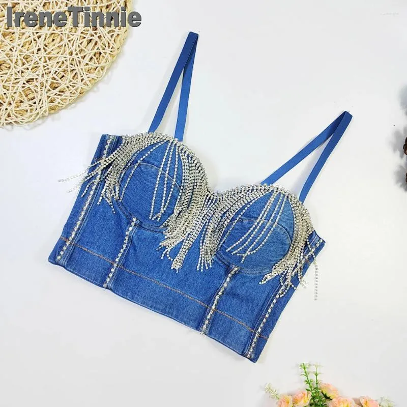 Kobiety z czołgów irene tinnie dziewczęta bustier jeansowy dżinsowy rhinestone Tassel Diamond cekinów Kobiety seksowne gorset nocne klub przycięty top