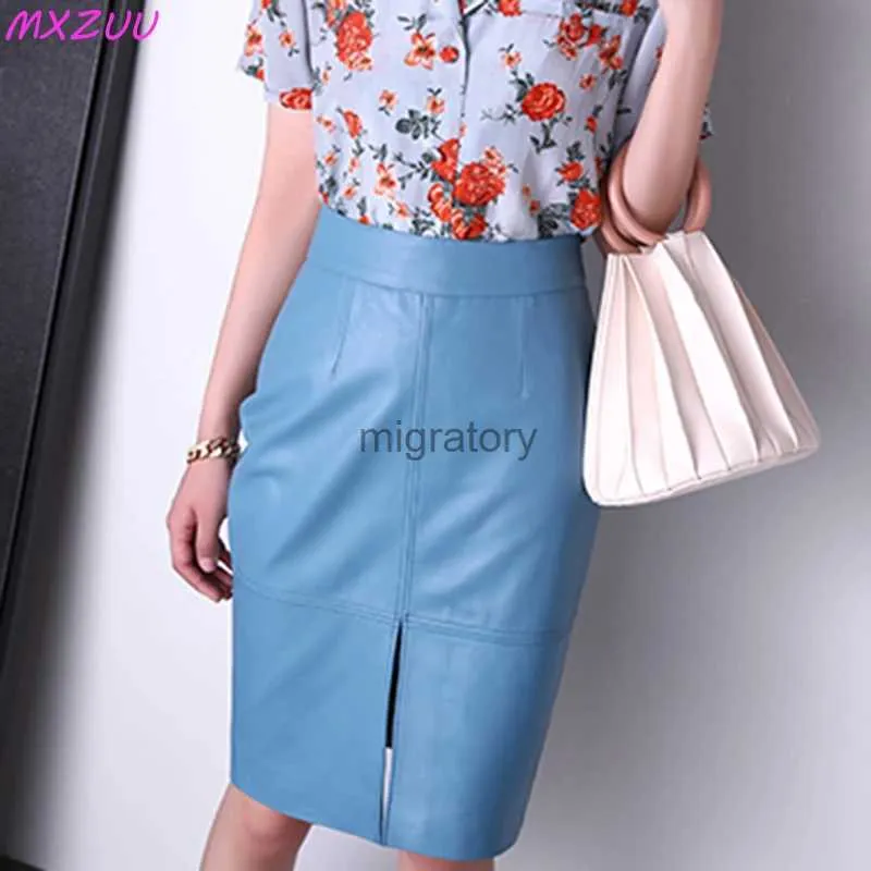 Skirts Skorts Women Harajuku High Waist Professional OL Slim Temperament Sheepskin Rock Damen Genuine Leather Wrap Hip Fork Skinny Maxi Skirt YQ240223