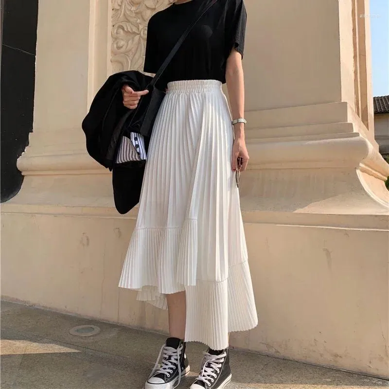 Skirts Women Elastic Oversized Ruffles Korean Vintage Harajuku Long Female Solid Chiffon Pleated Autumn High Waist Midi Skirt