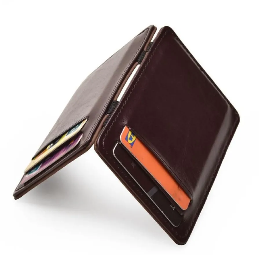 財布薄い垂直メンズマジックウォレットスモールパス革の弾性リボン財布ミニソリッドIDカードホルダーバンクケース246m